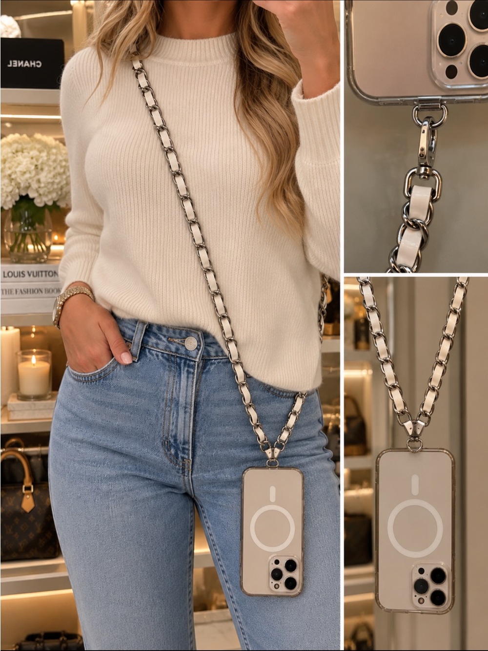 White Leather-Trim Silver Chain Strap for phone or bag.
